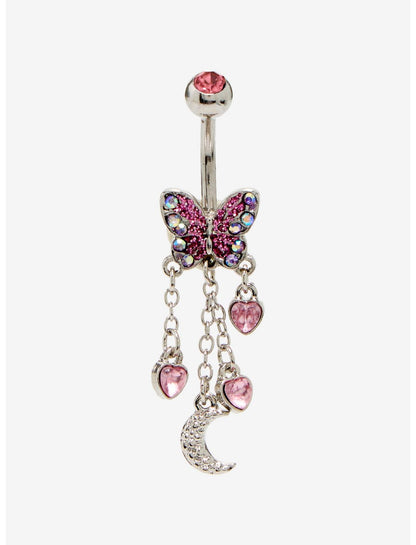 14G Steel Pink Bling Butterfly Navel Barbell - US 2560