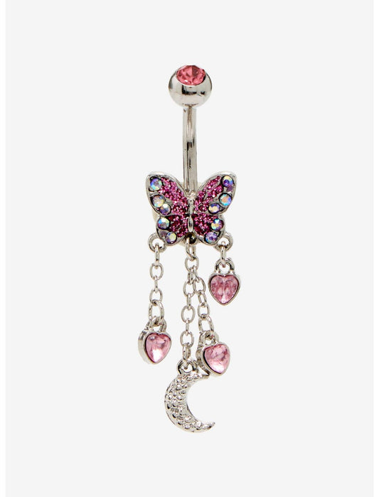 14G Steel Pink Bling Butterfly Navel Barbell - US 2560