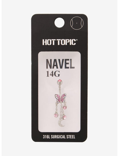 14G Steel Pink Bling Butterfly Navel Barbell - US 2560