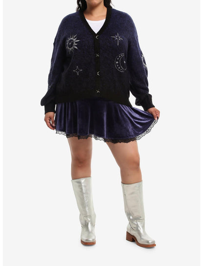 Cosmic Aura Celestial Blue Marled Embroidered Girls Cardigan Plus Size - US 1295