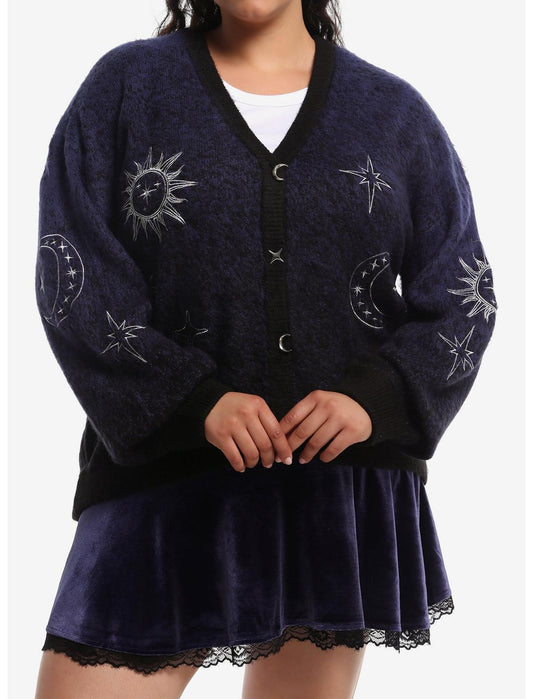 Cosmic Aura Celestial Blue Marled Embroidered Girls Cardigan Plus Size - US 1295