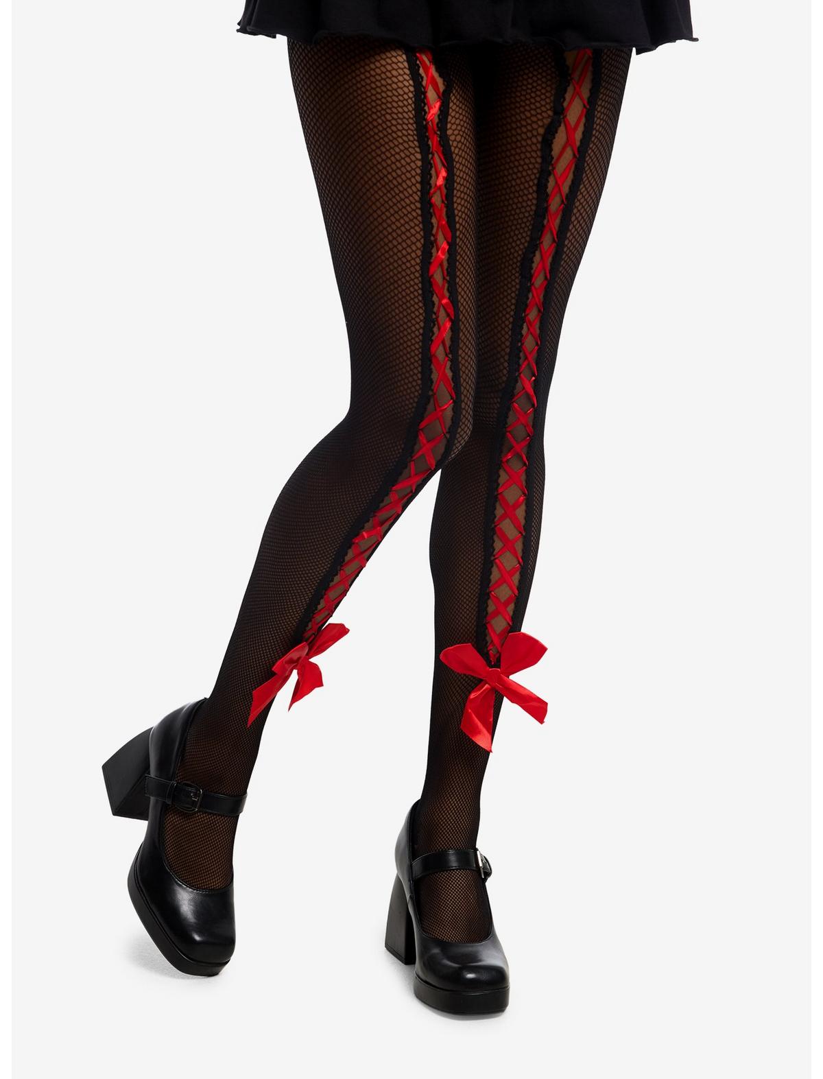 Black & Red Lace-Up Fishnet Tights - US 7025