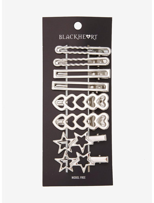 Black Heart Silver Star Heart Hair Clip Set - US 5297