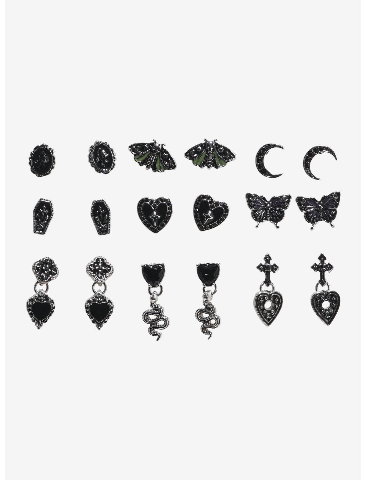 Cosmic Aura Black Heart Moth Stud Earring Set - US 7539