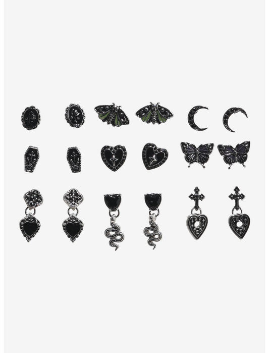 Cosmic Aura Black Heart Moth Stud Earring Set - US 7539