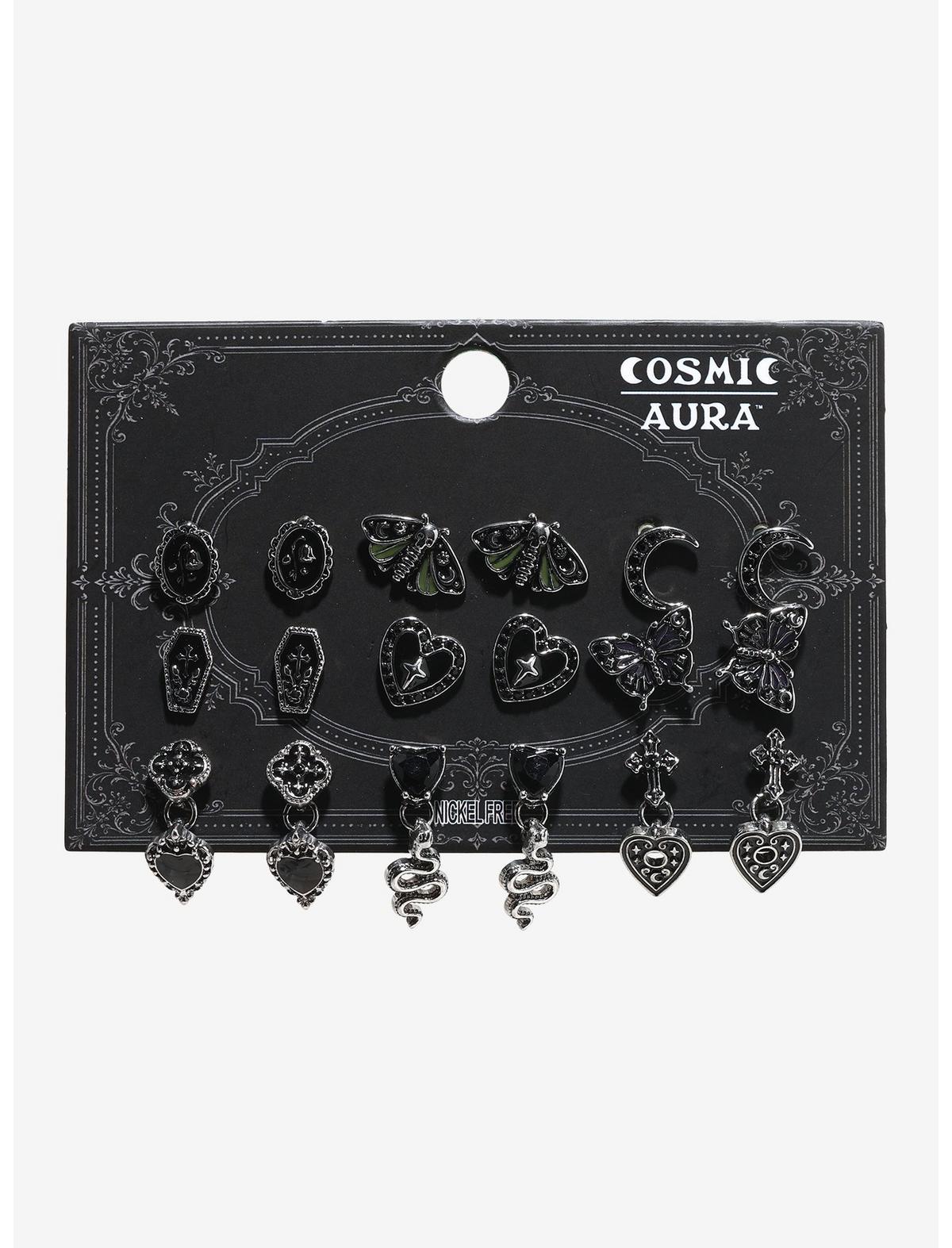 Cosmic Aura Black Heart Moth Stud Earring Set - US 7539