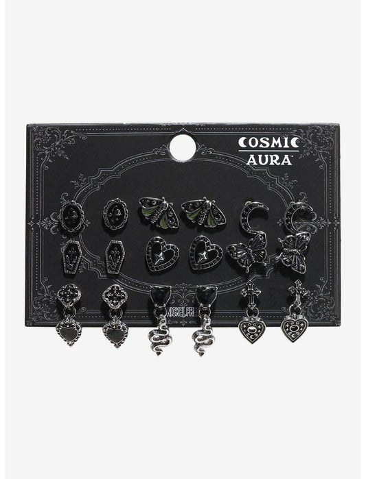 Cosmic Aura Black Heart Moth Stud Earring Set - US 7539