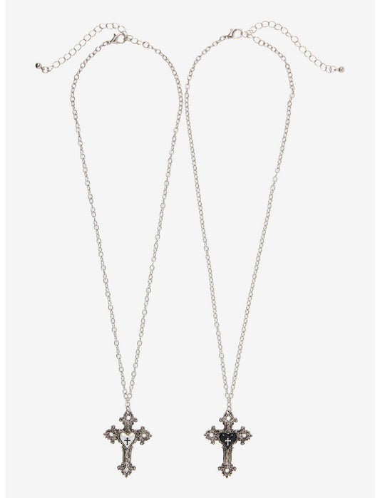 Cosmic Aura Ornate Cross Heart Best Friend Necklace Set - US 8554