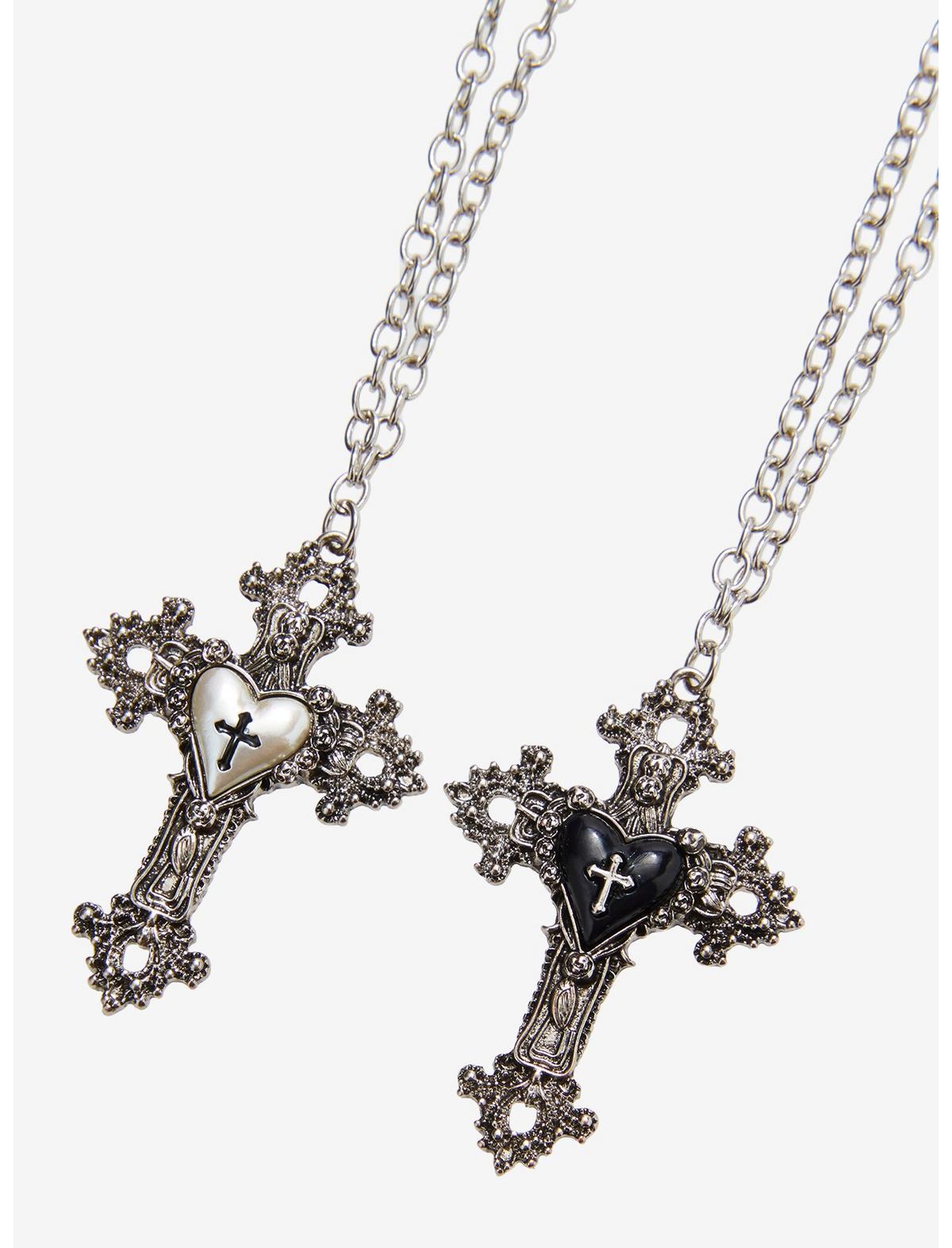 Cosmic Aura Ornate Cross Heart Best Friend Necklace Set - US 8554