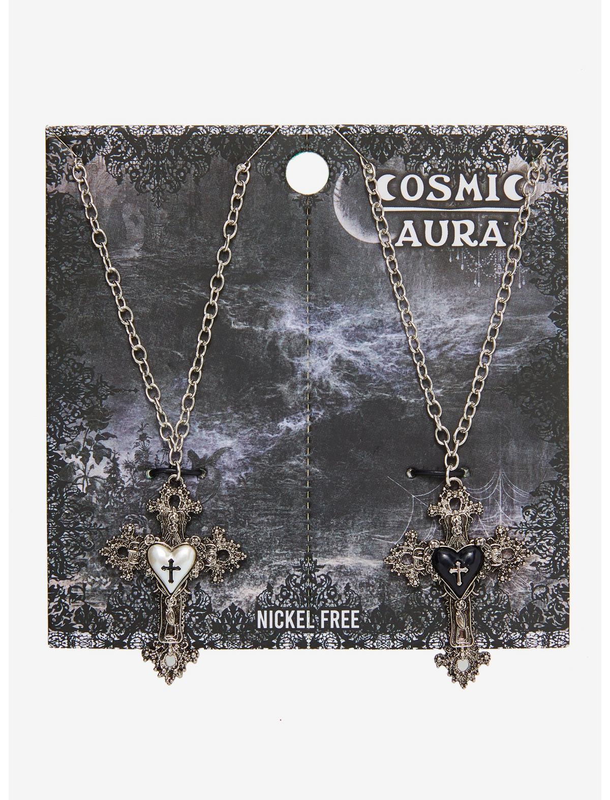 Cosmic Aura Ornate Cross Heart Best Friend Necklace Set - US 8554