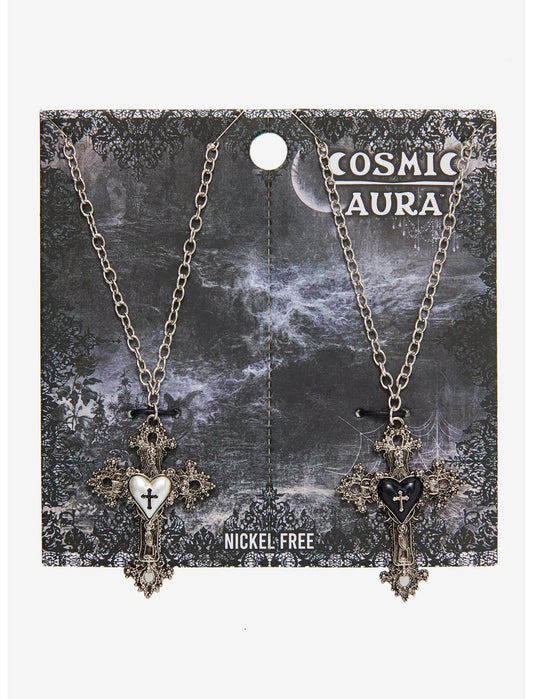 Cosmic Aura Ornate Cross Heart Best Friend Necklace Set - US 8554
