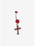 14G Steel Silver Red CZ Cross Navel Barbell - US 7689