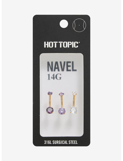14G Steel Purple Bling Navel Barbell 3 Pack - US 6408