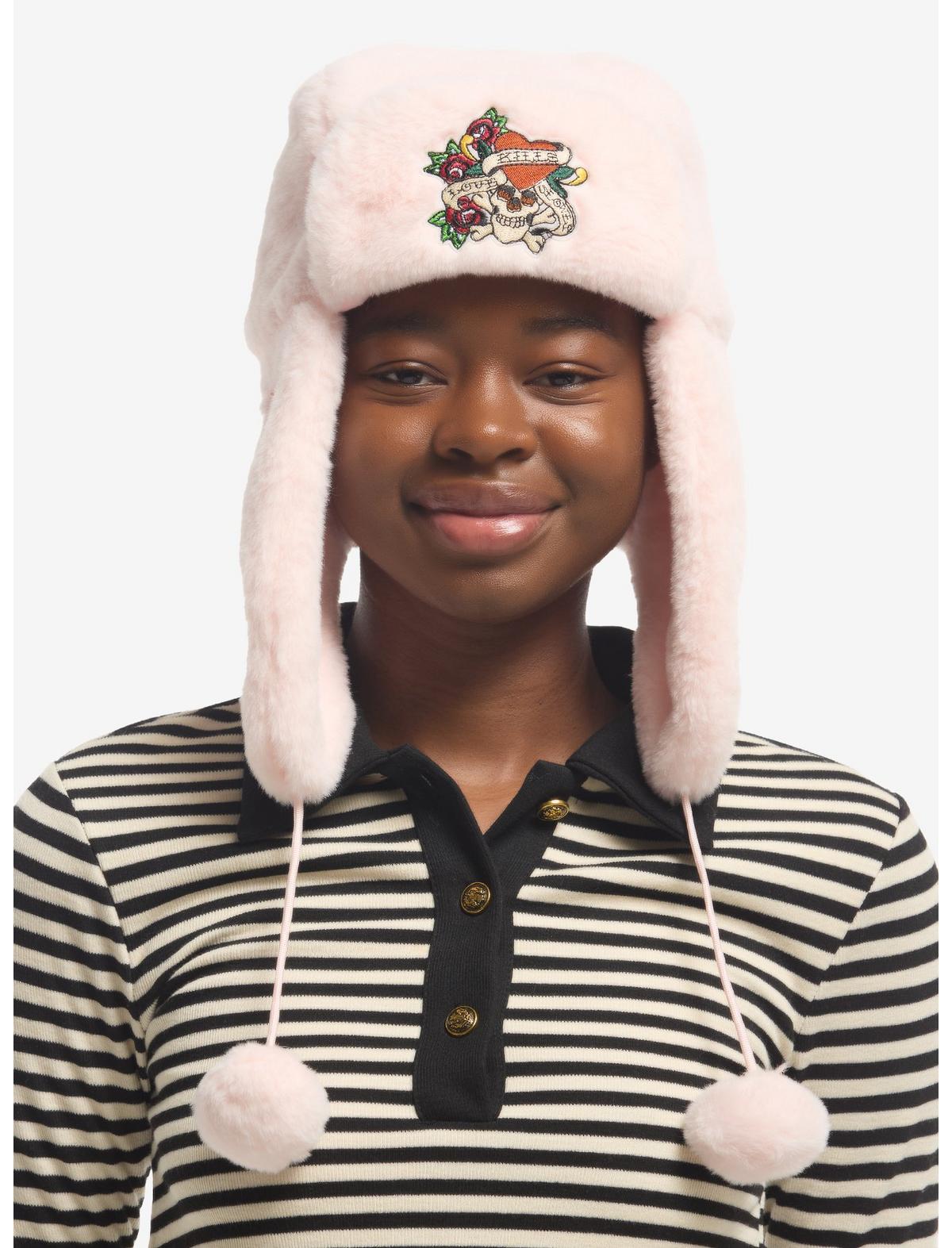 Ed Hardy Love Kills Pink Furry Plush Trapper Hat With Pom Tassels - US 1374