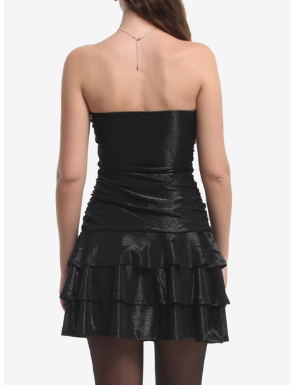 Black Shimmer Tiered Strapless Dress - US 5758