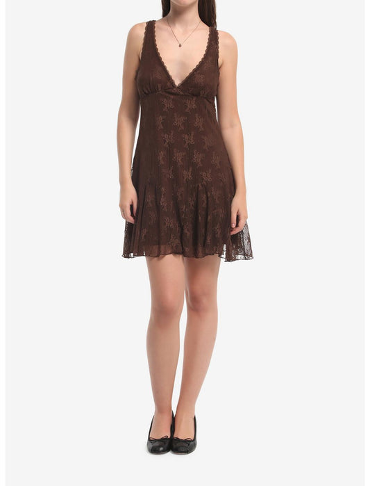 Brown Floral Lace Tank Dress - US 8286
