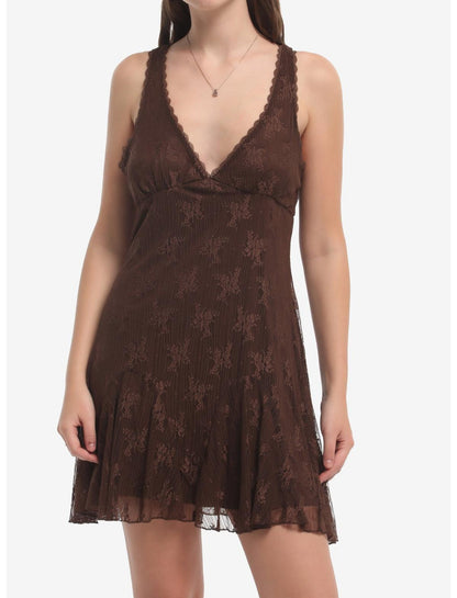 Brown Floral Lace Tank Dress - US 8286