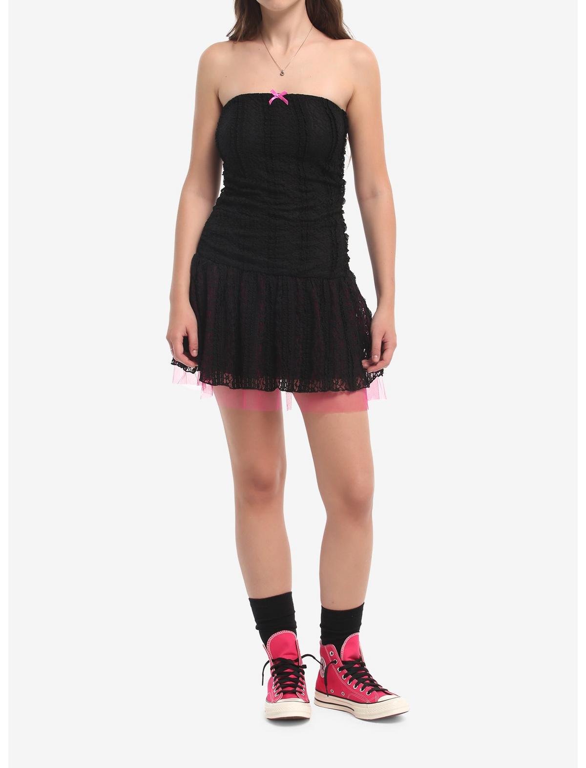 Black & Pink Lace Tulle Strapless Dress - US 9682