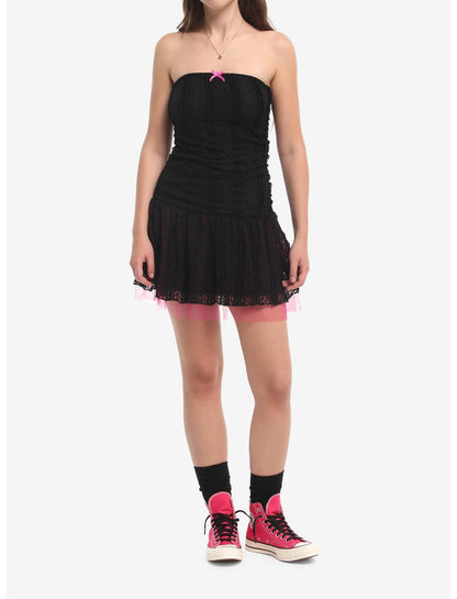 Black & Pink Lace Tulle Strapless Dress - US 9682