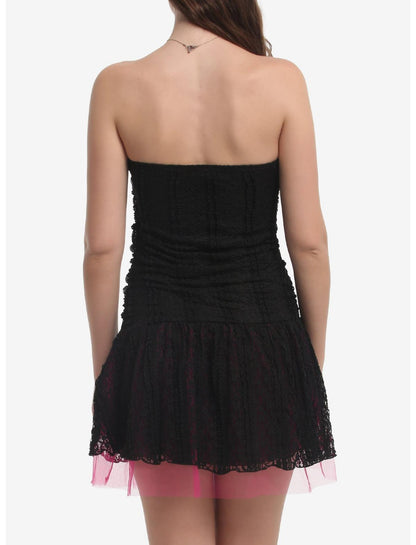 Black & Pink Lace Tulle Strapless Dress - US 9682