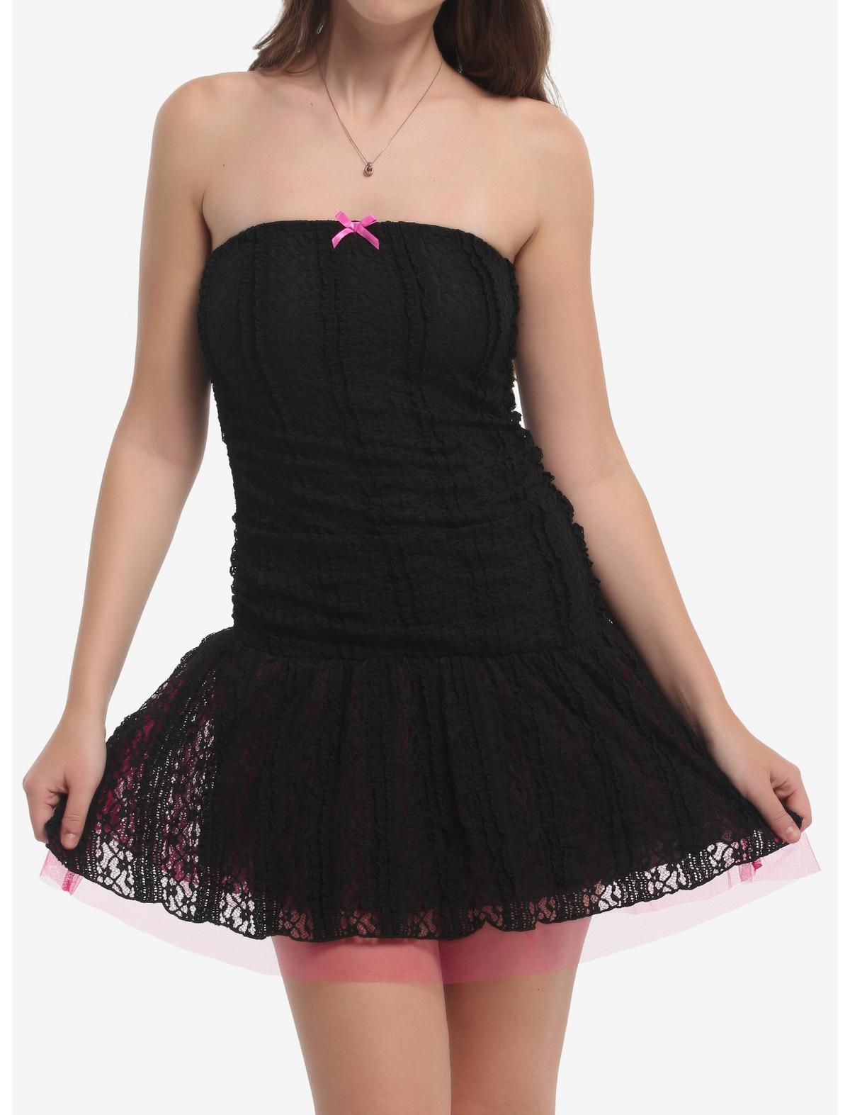 Black & Pink Lace Tulle Strapless Dress - US 9682