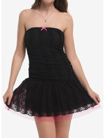 Black & Pink Lace Tulle Strapless Dress - US 9682