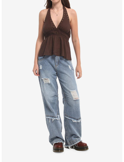Brown Studded Girls Halter Top - US 4239