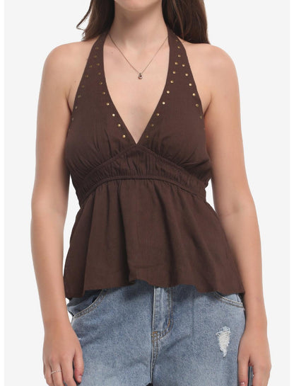 Brown Studded Girls Halter Top - US 4239