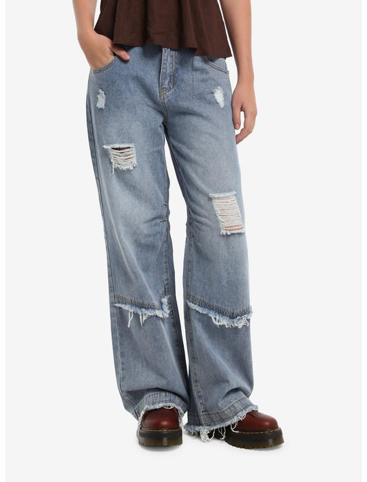 Light Wash Destructed Wide Leg Jeans - US 8954