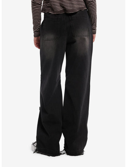 Black Wash Destructed Wide Leg Jeans - US 6671