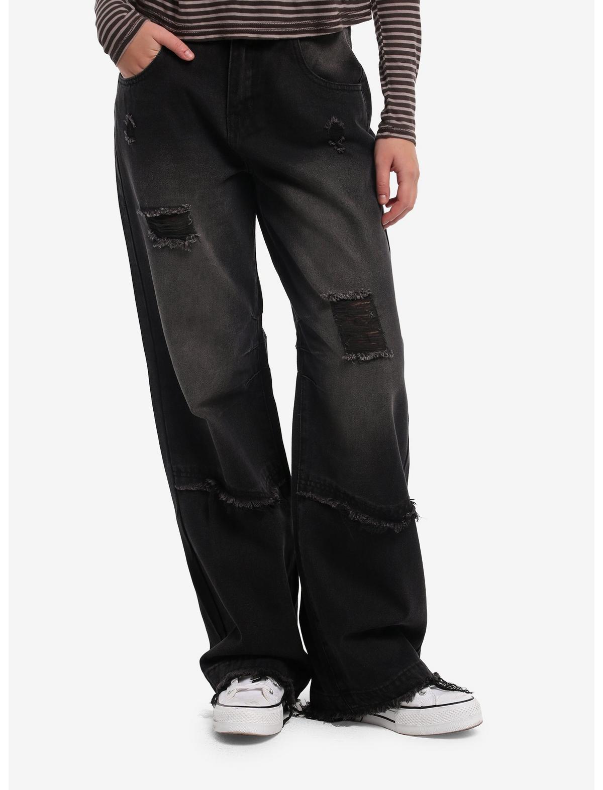 Black Wash Destructed Wide Leg Jeans - US 6671