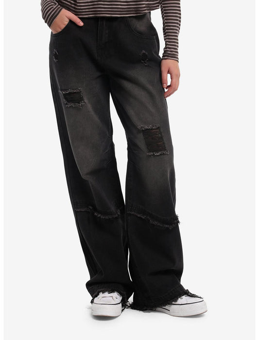 Black Wash Destructed Wide Leg Jeans - US 6671